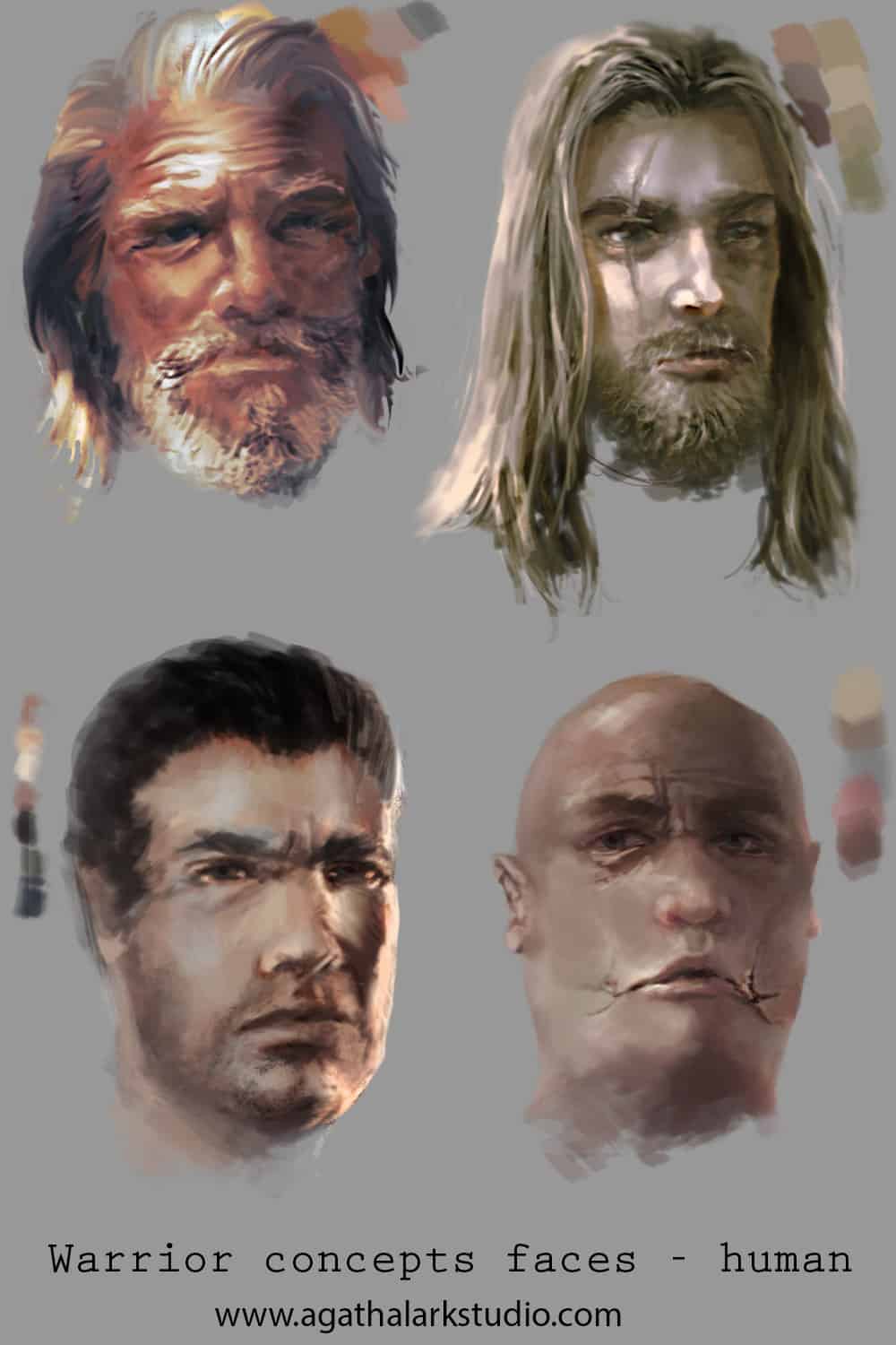 Concept art przedstawiający cztery twarze wojowników ludzi